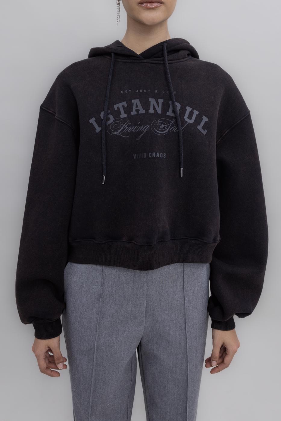 Hooded Print Detailed Fleece Sweatshirt Brown