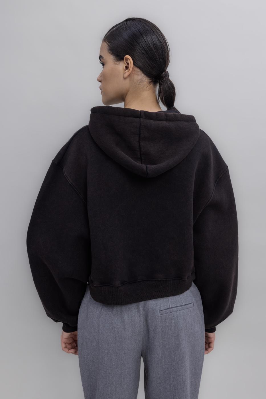 Hooded Print Detailed Fleece Sweatshirt Brown