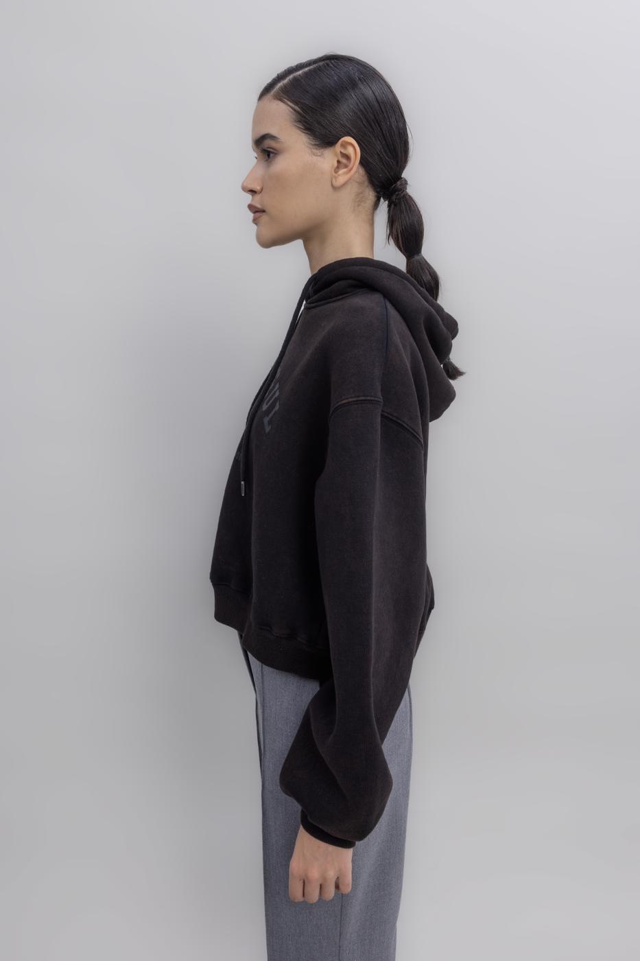 Hooded Print Detailed Fleece Sweatshirt Brown