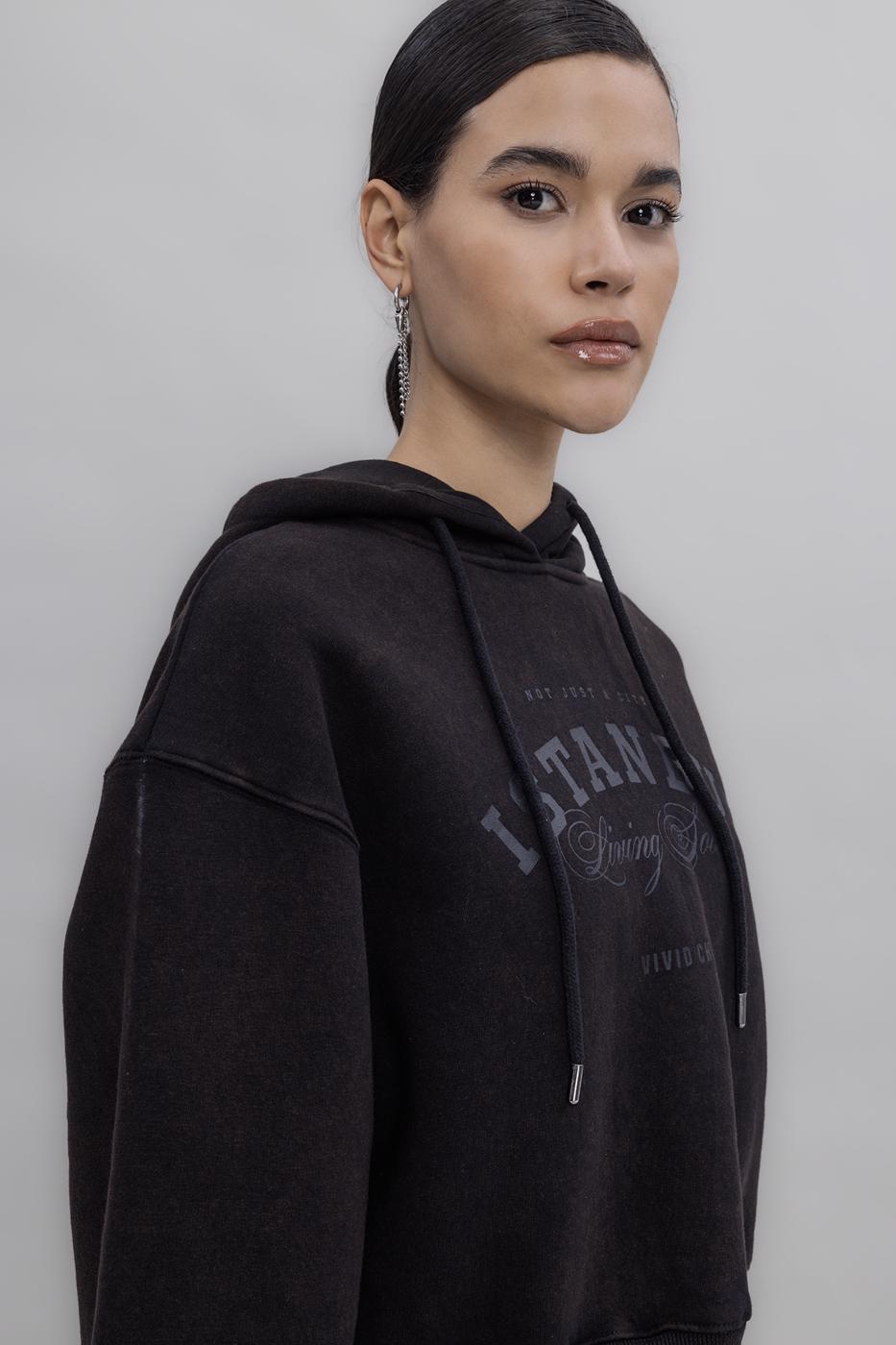 Hooded Print Detailed Fleece Sweatshirt Brown