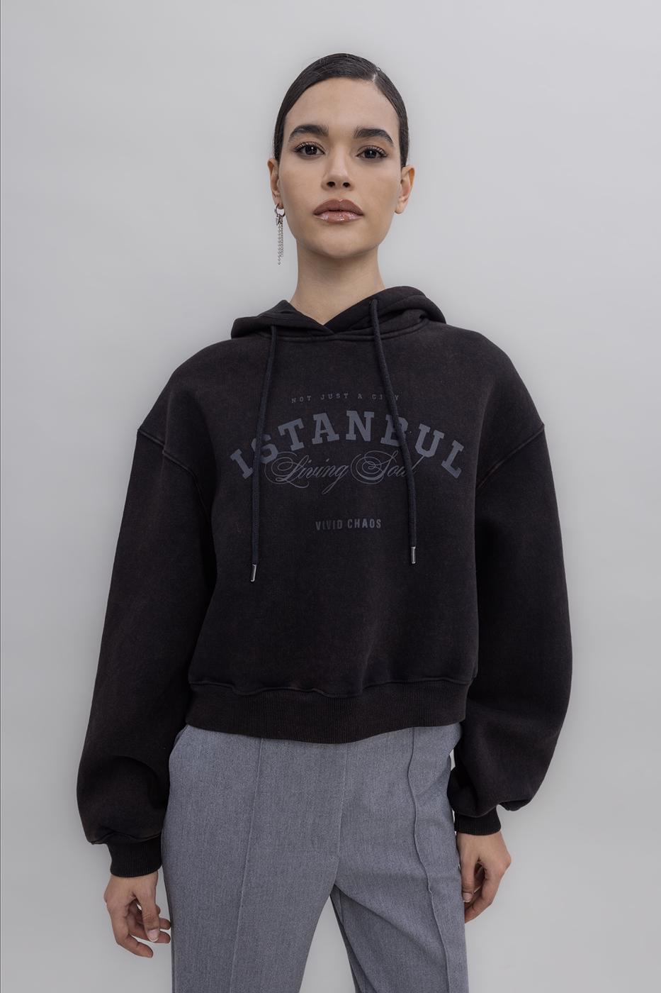 Hooded Print Detailed Fleece Sweatshirt Brown