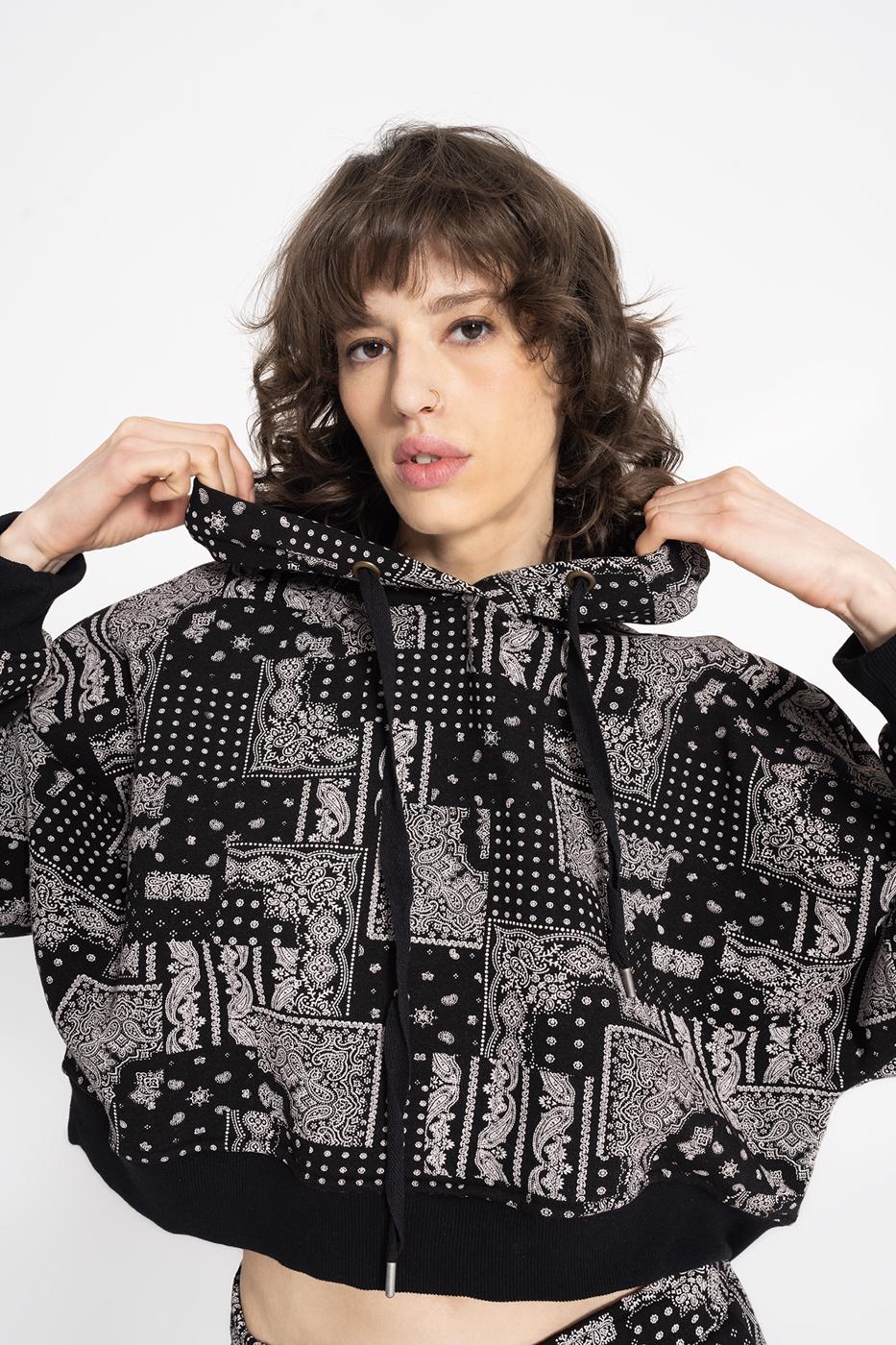 Hooded Printed Fleece Sweatshirt Mat black