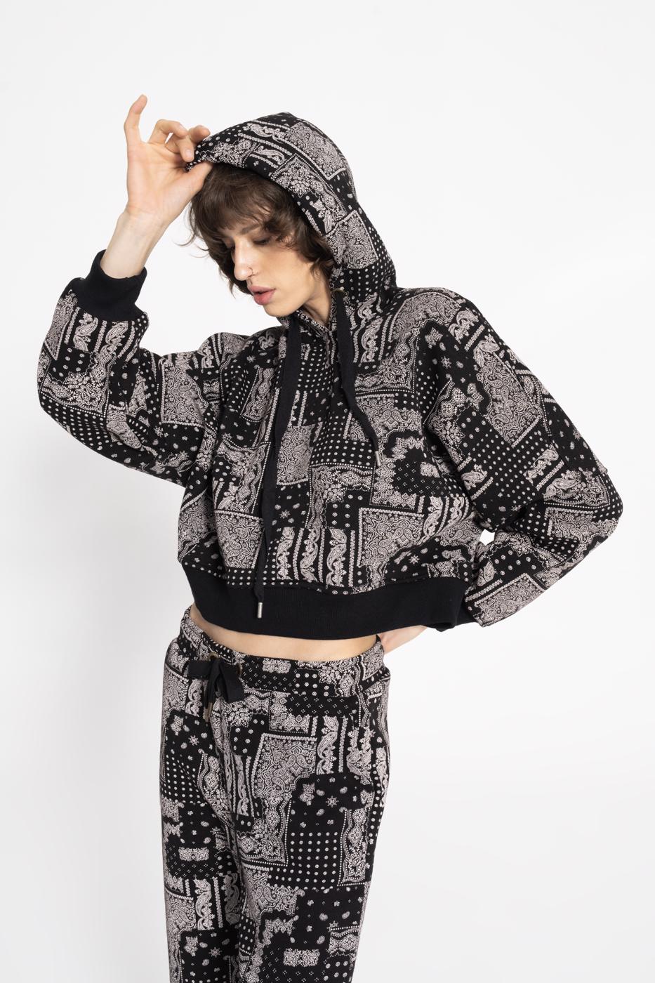 Hooded Printed Fleece Sweatshirt Mat black