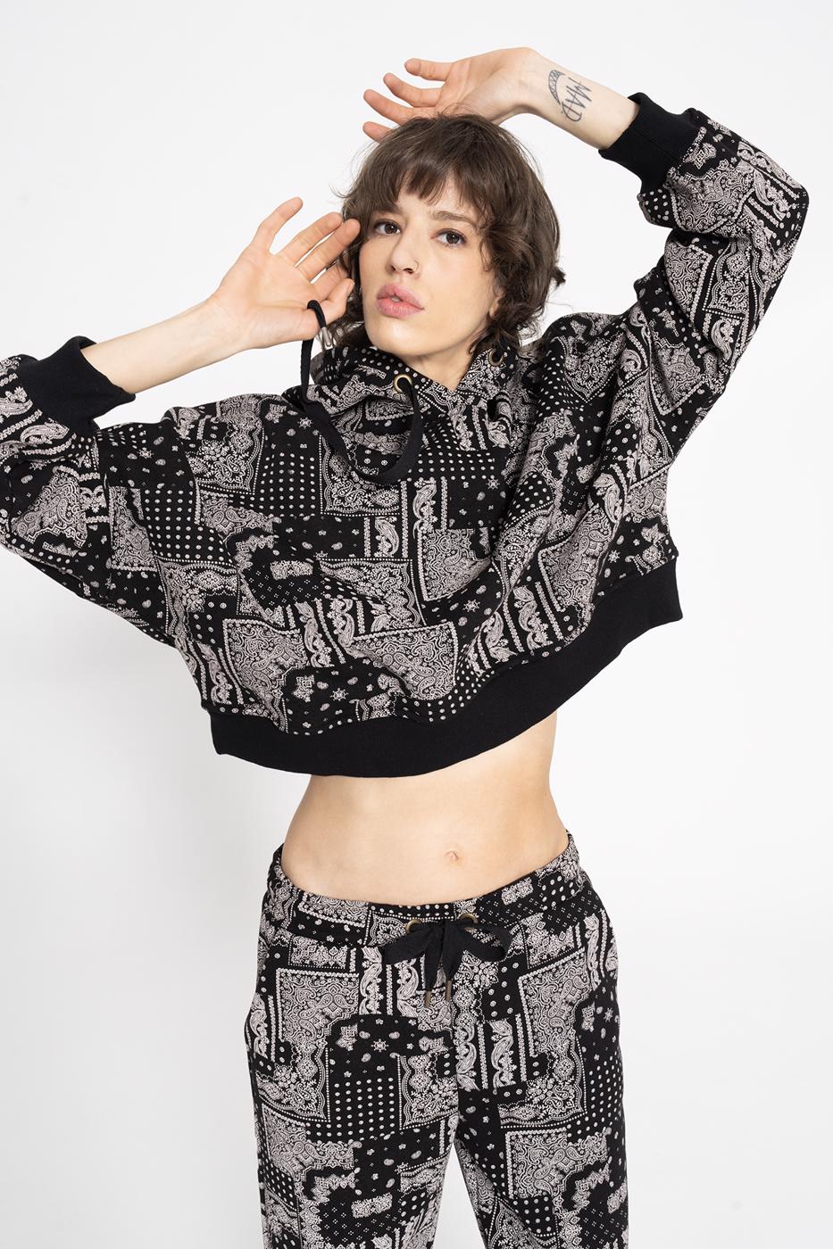 Hooded Printed Fleece Sweatshirt Mat black