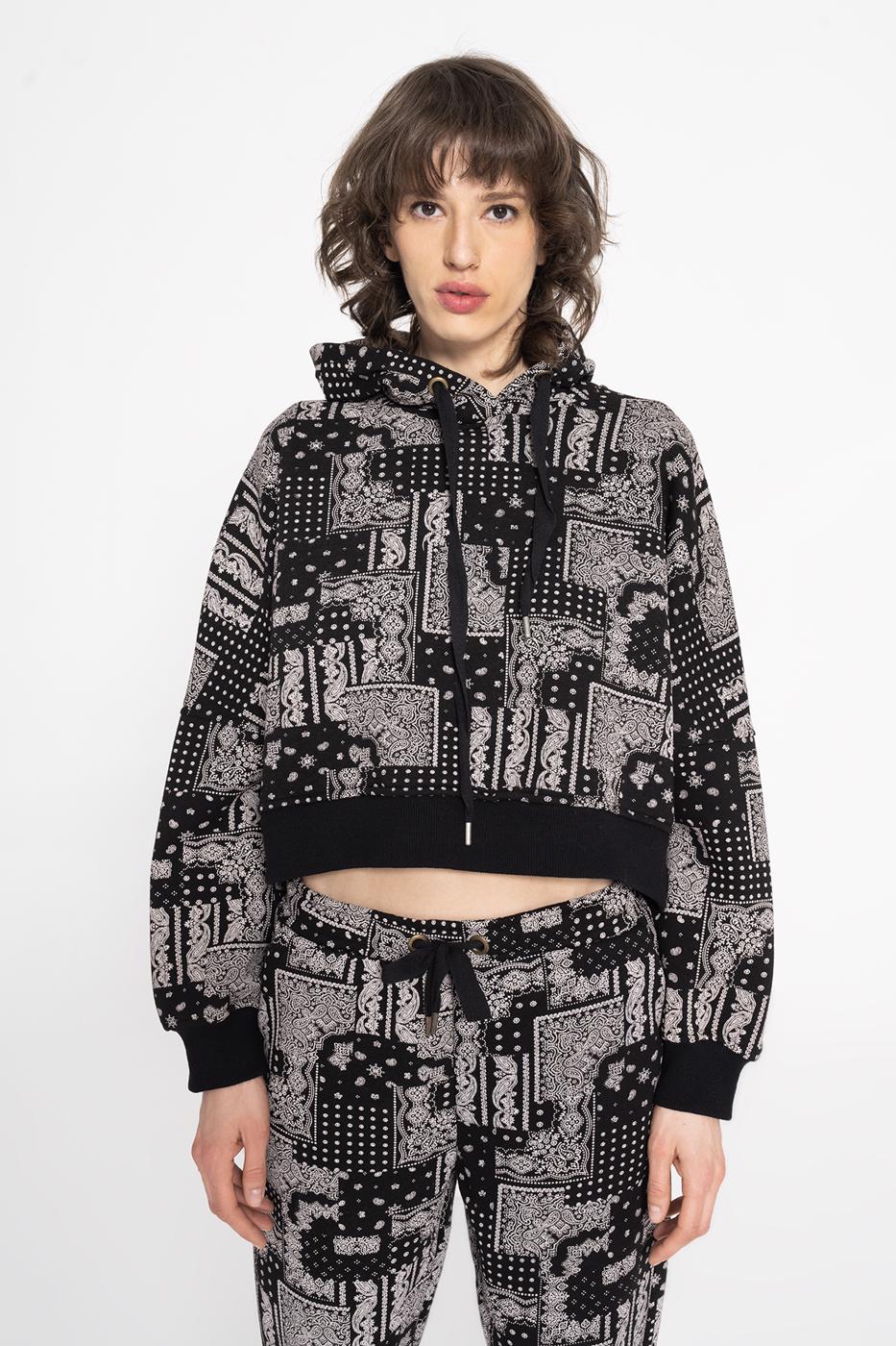 Hooded Printed Fleece Sweatshirt Mat black