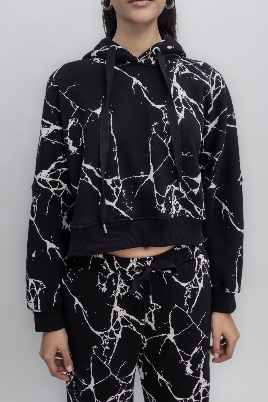 Hooded Printed Fleece Sweatshirt Black