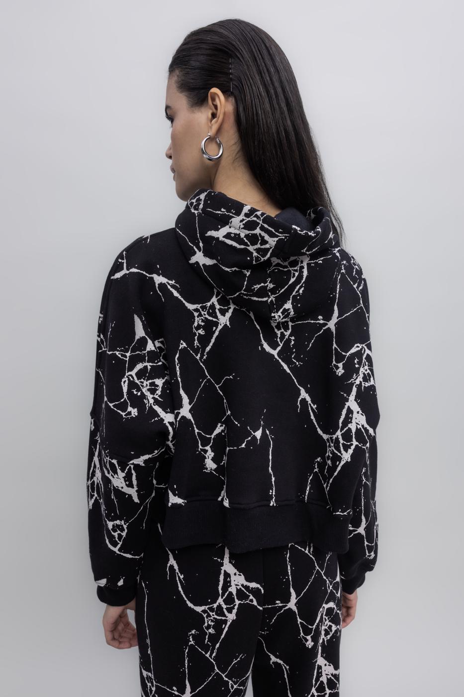 Hooded Printed Fleece Sweatshirt Black