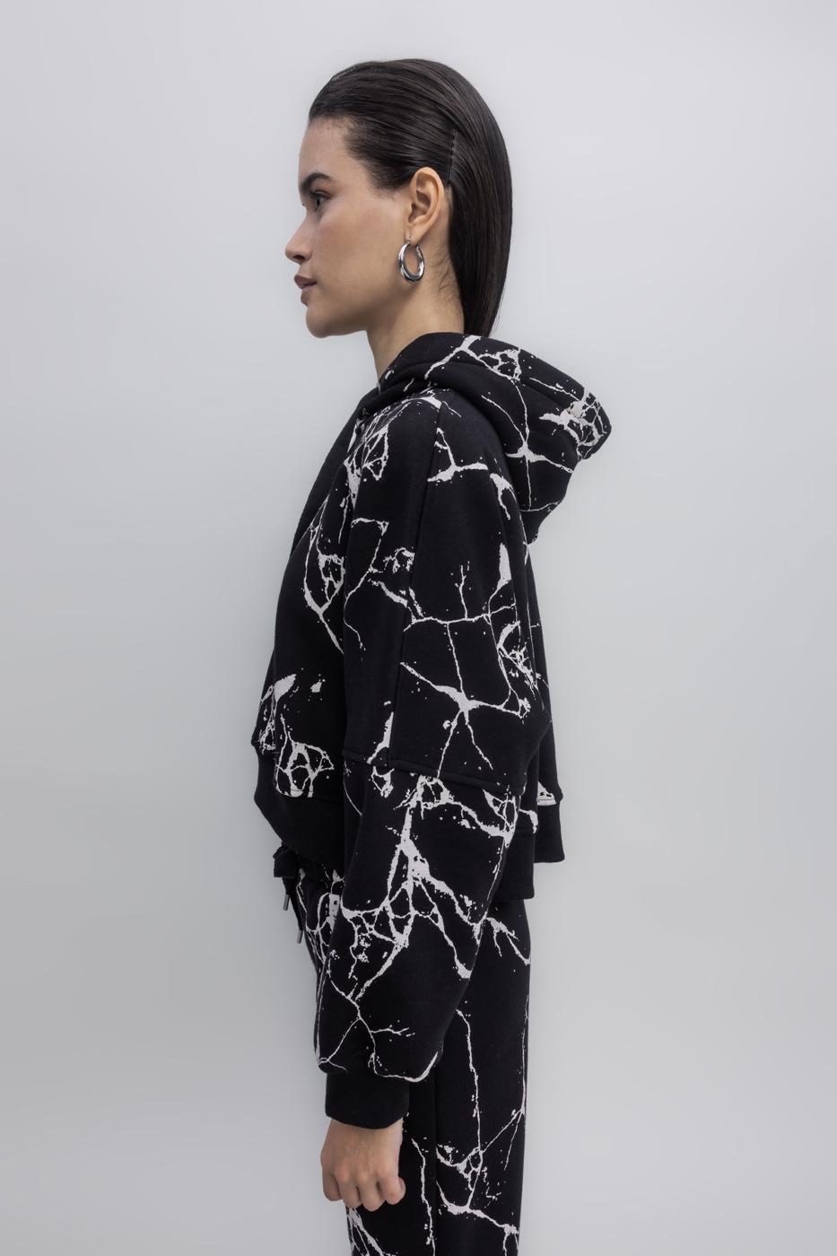 Hooded Printed Fleece Sweatshirt Black