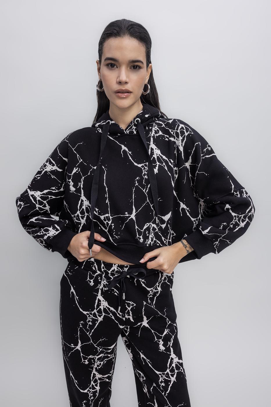 Hooded Printed Fleece Sweatshirt Black