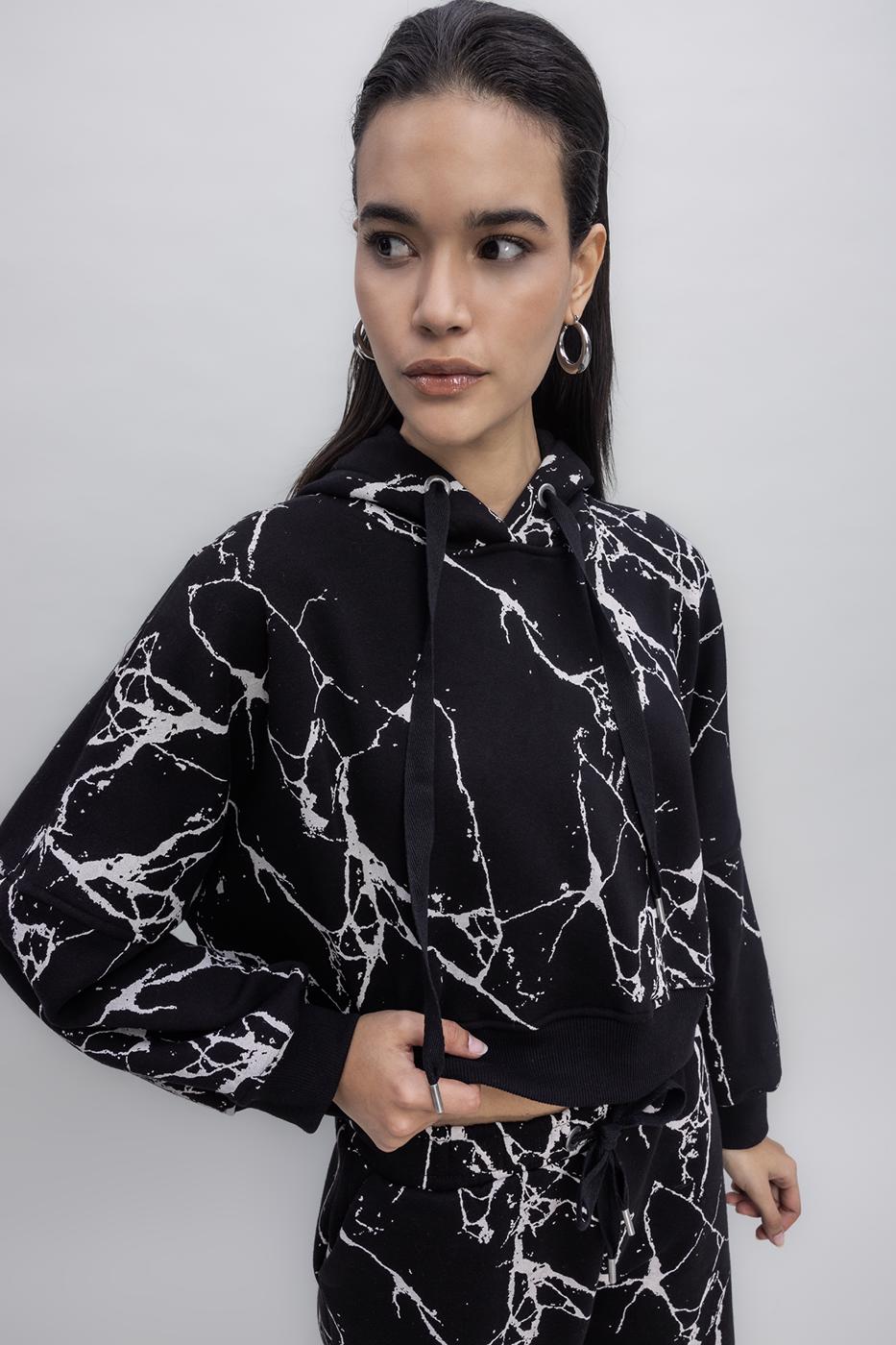 Hooded Printed Fleece Sweatshirt Black
