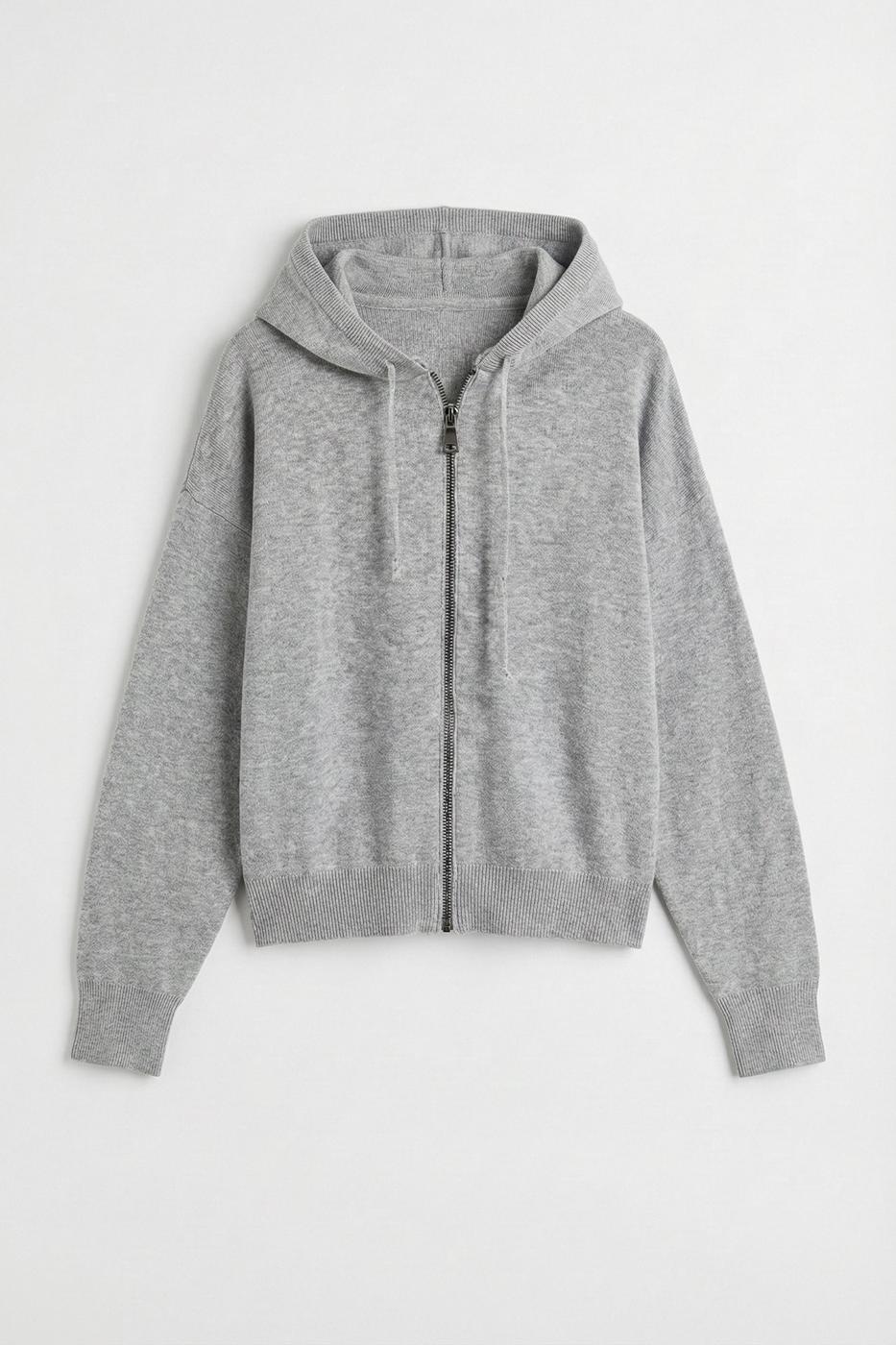 Hooded Zip-Up Knit Sweater Grey