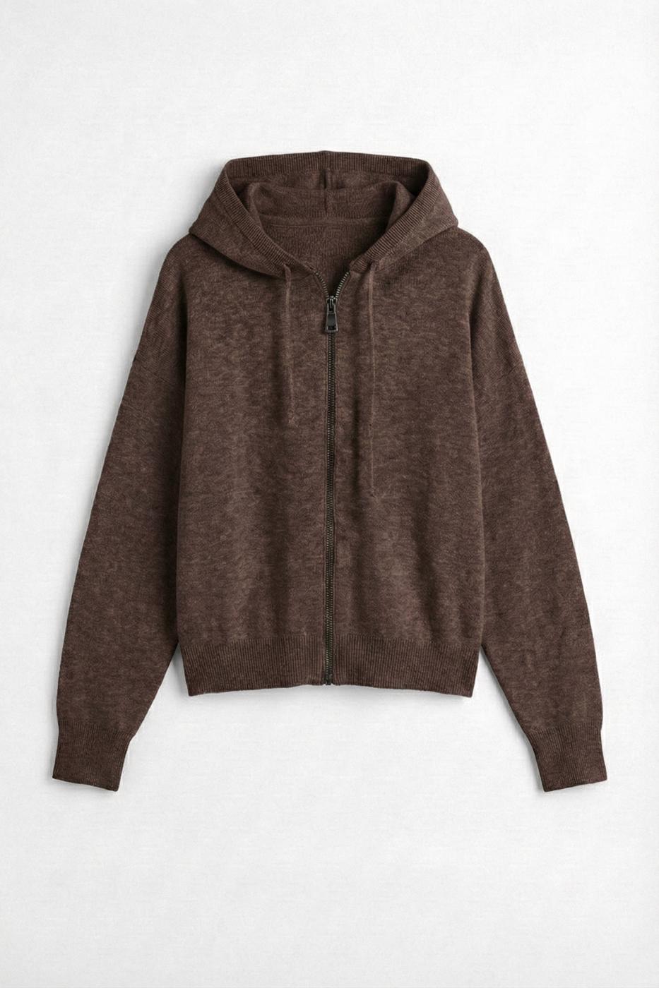 Hooded Zip-Up Knit Sweater Brown