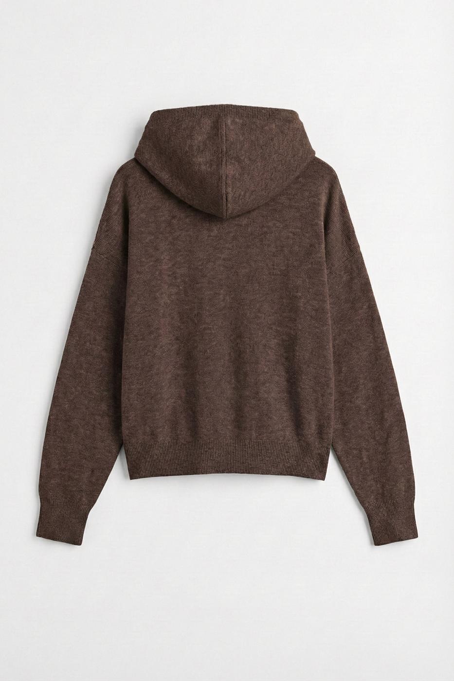 Hooded Zip-Up Knit Sweater Brown