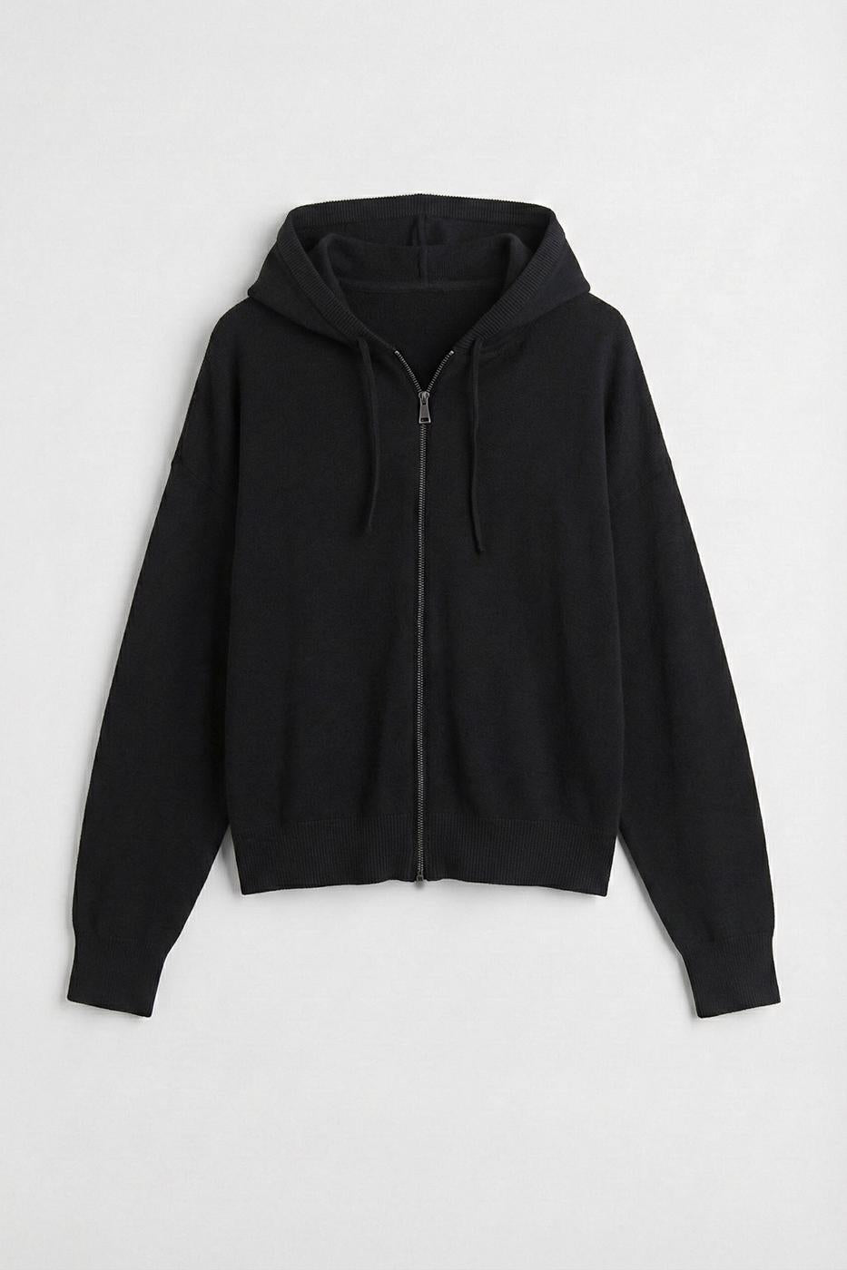 Hooded Zip-Up Knit Sweater Black