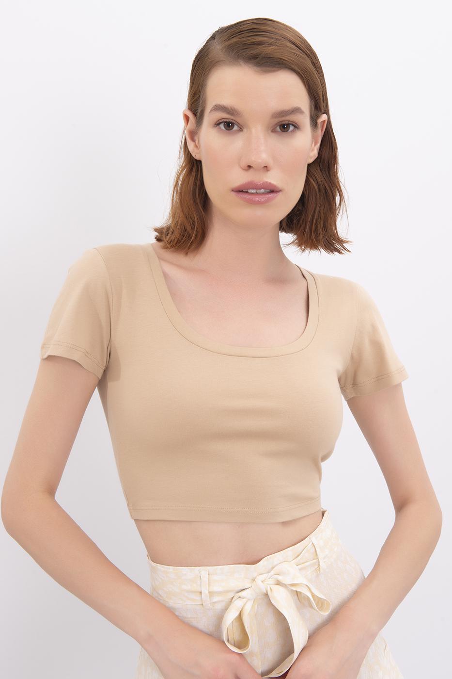 Square Neck Crop Top Beige