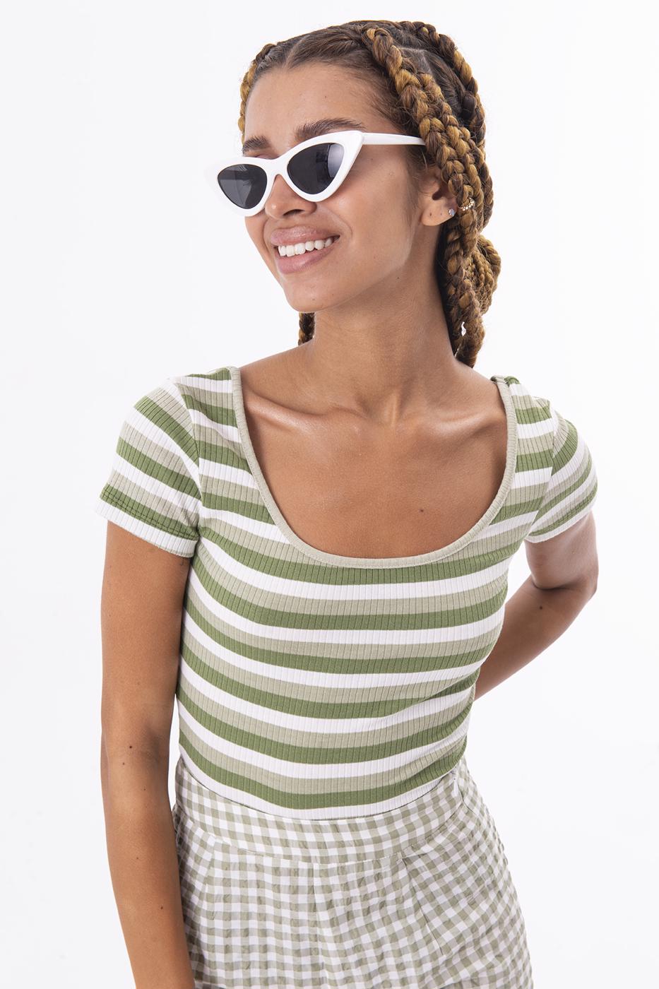 Square Neck Stripped Tank Top Green