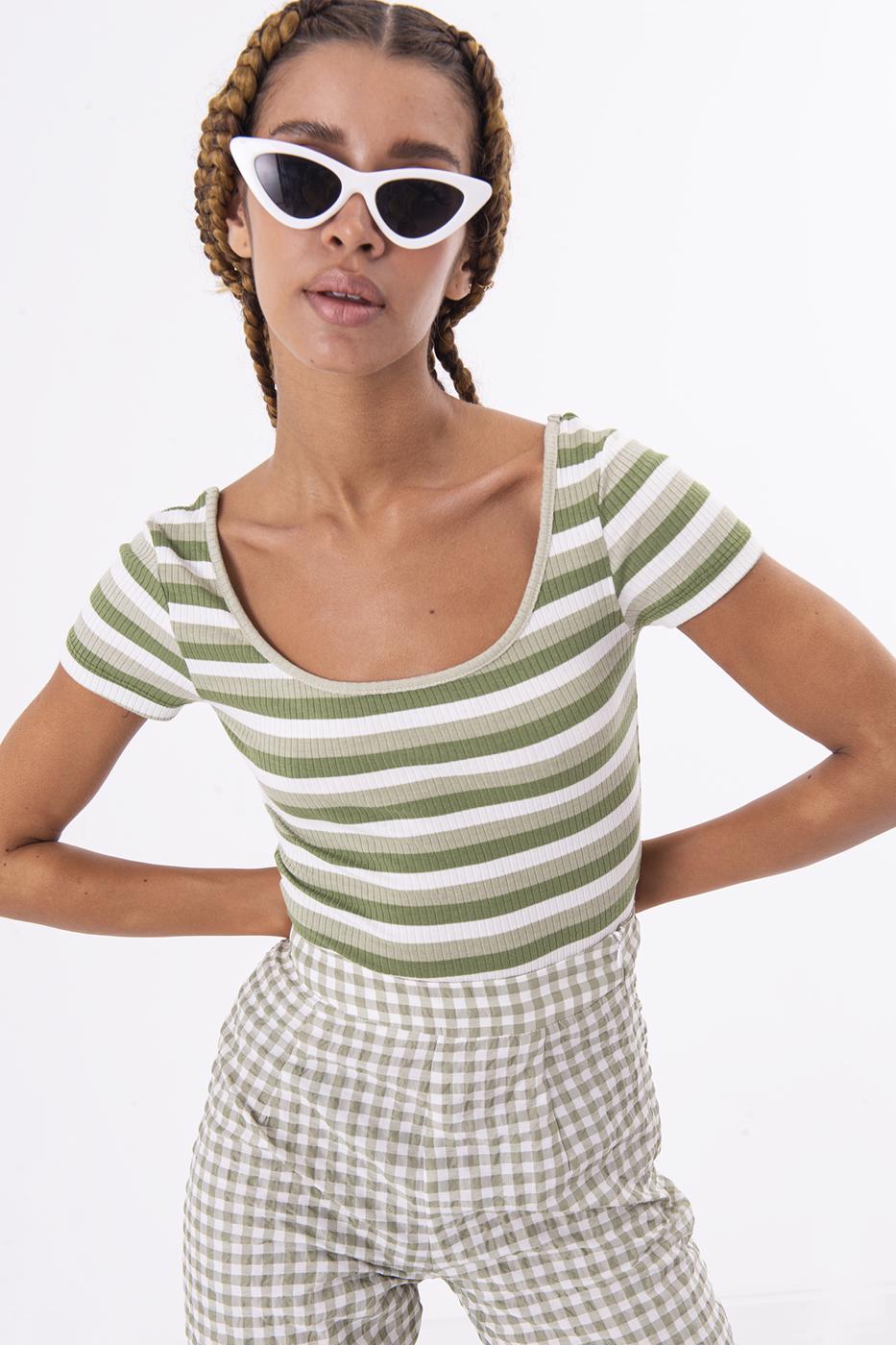 Square Neck Stripped Tank Top Green
