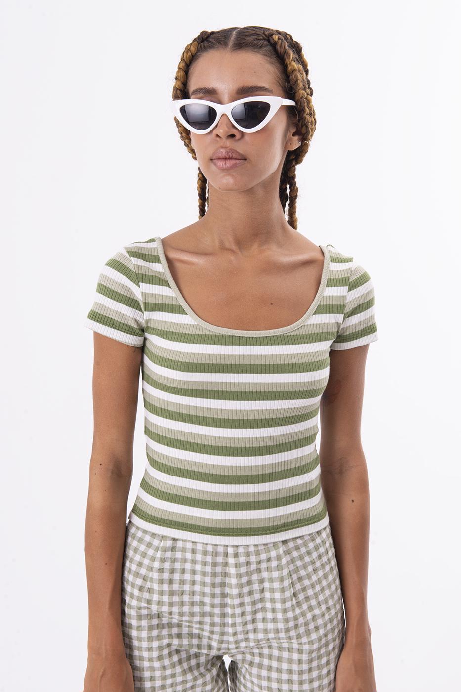 Square Neck Stripped Tank Top Green