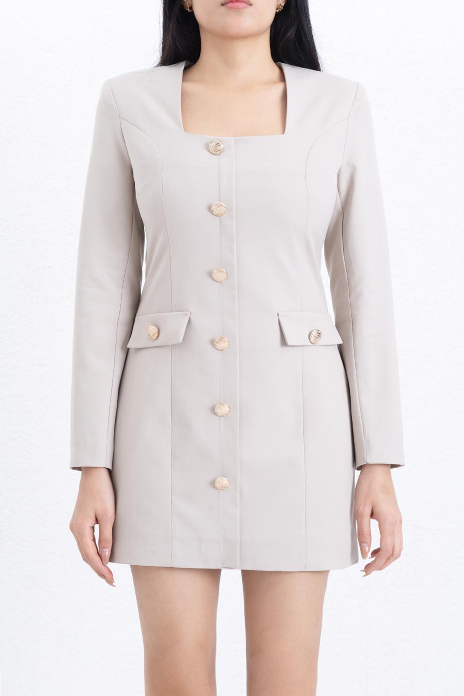 Square Neck Buttoned Mini Dress Beige