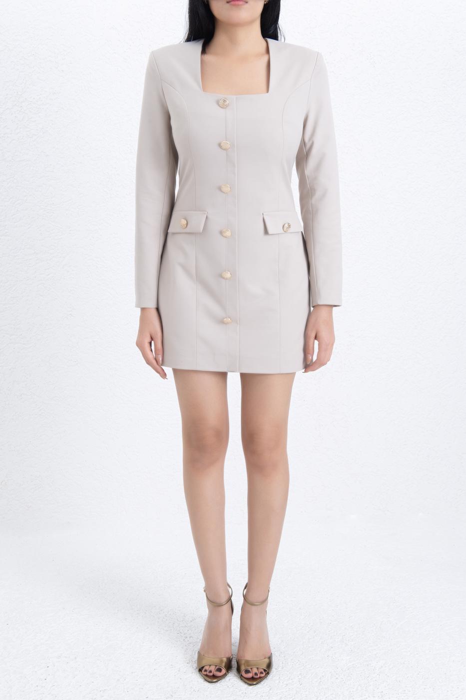 Square Neck Buttoned Mini Dress Beige
