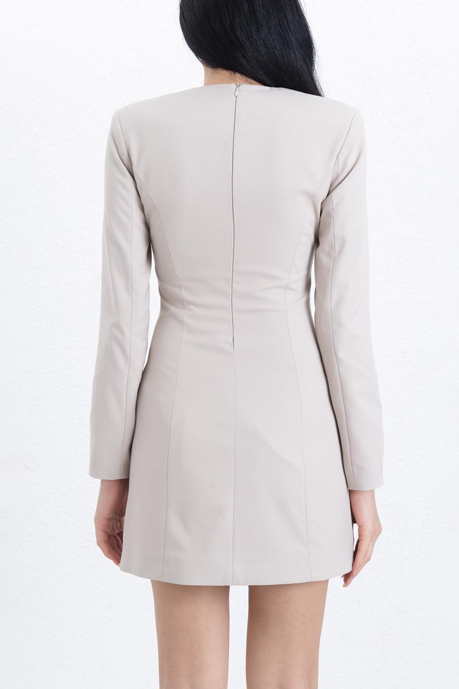 Square Neck Buttoned Mini Dress Beige