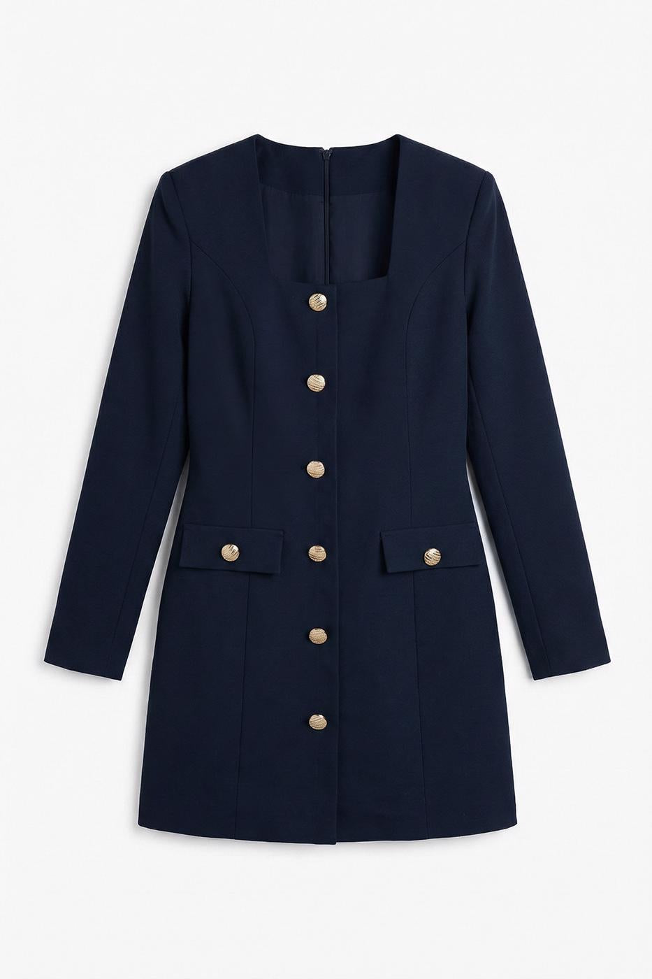 Square Neck Buttoned Mini Dress Navy