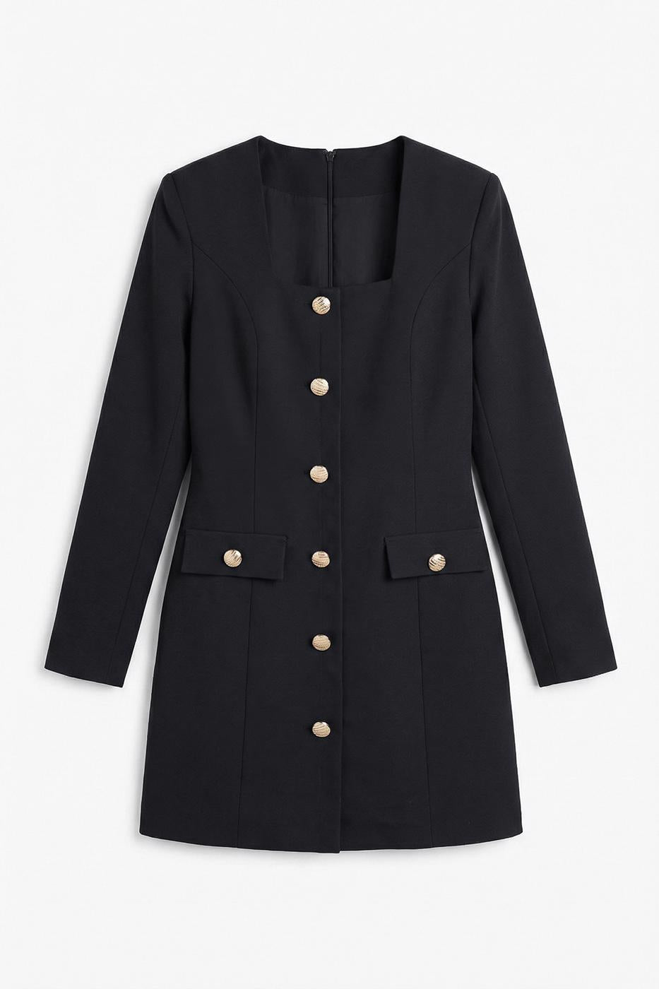 Square Neck Buttoned Mini Dress Black