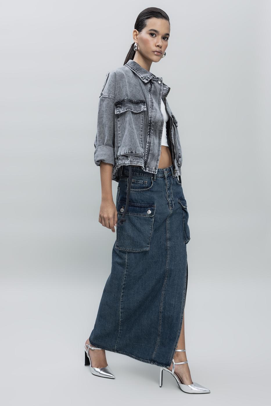 Cargo Pocketed Denim Skirt İndigo