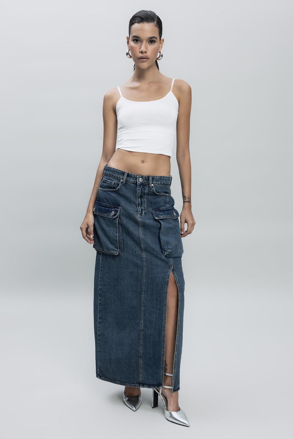 Cargo Pocketed Denim Skirt İndigo