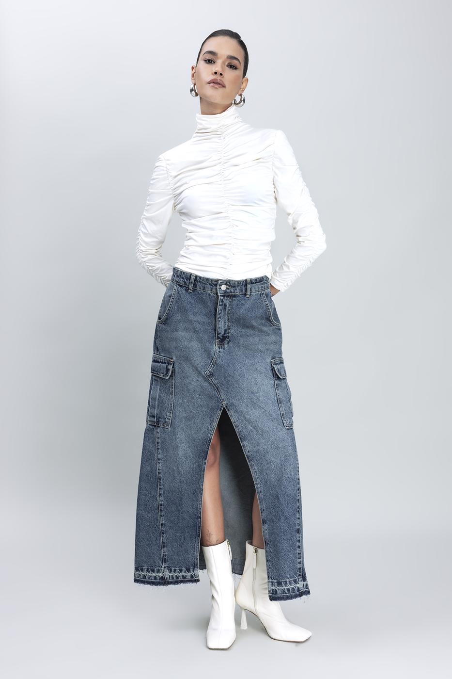 Cargo Pocket Long Denim Skirt Blue