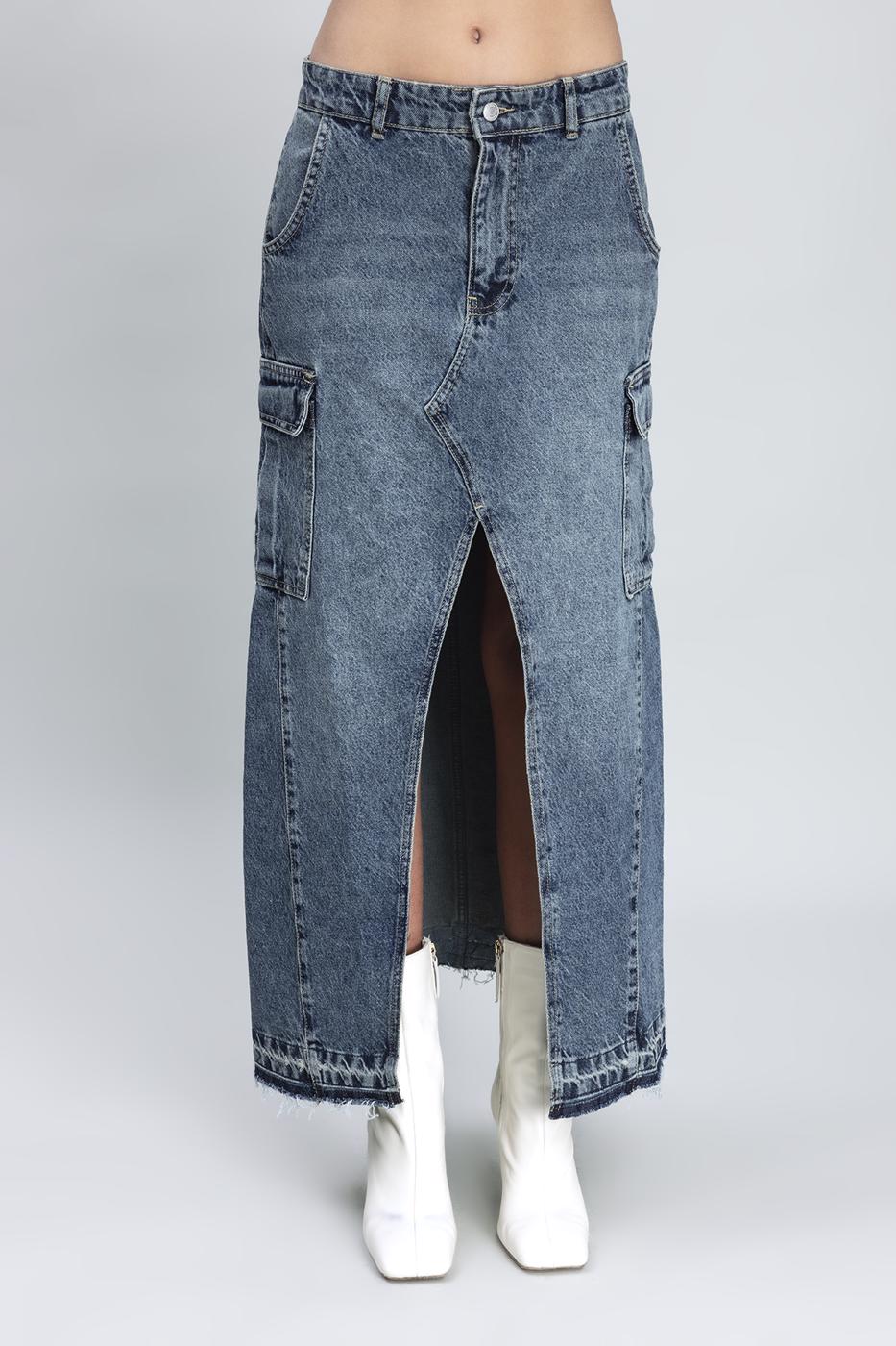 Cargo Pocket Long Denim Skirt Blue