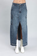 Cargo Pocket Long Denim Skirt Blue