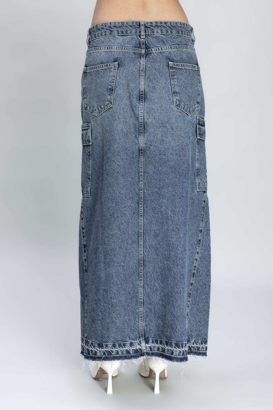 Cargo Pocket Long Denim Skirt Blue
