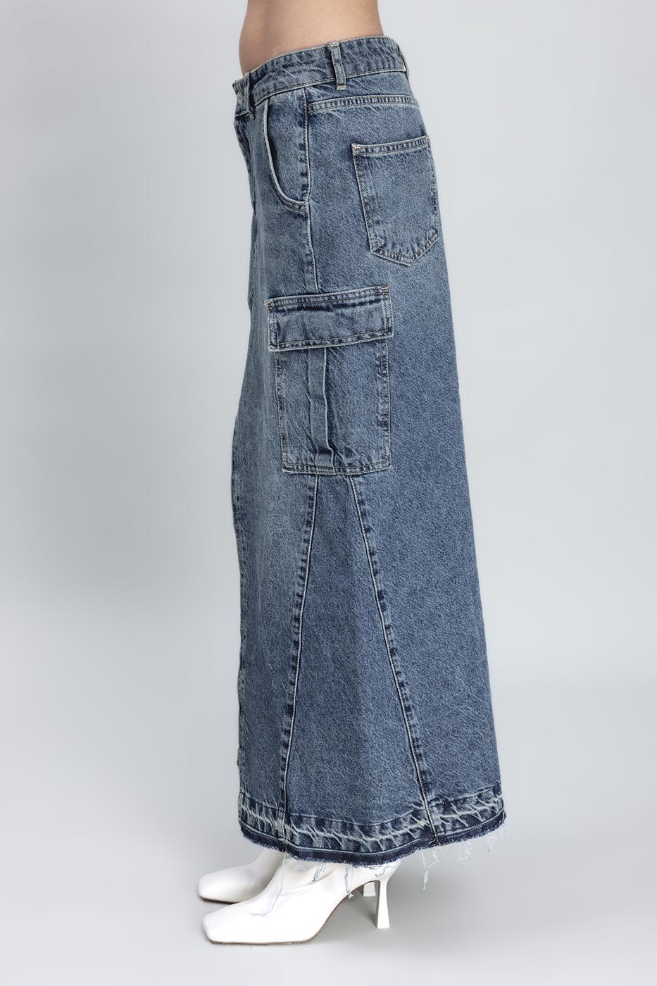 Cargo Pocket Long Denim Skirt Blue