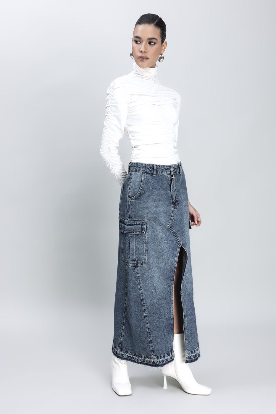 Cargo Pocket Long Denim Skirt Blue