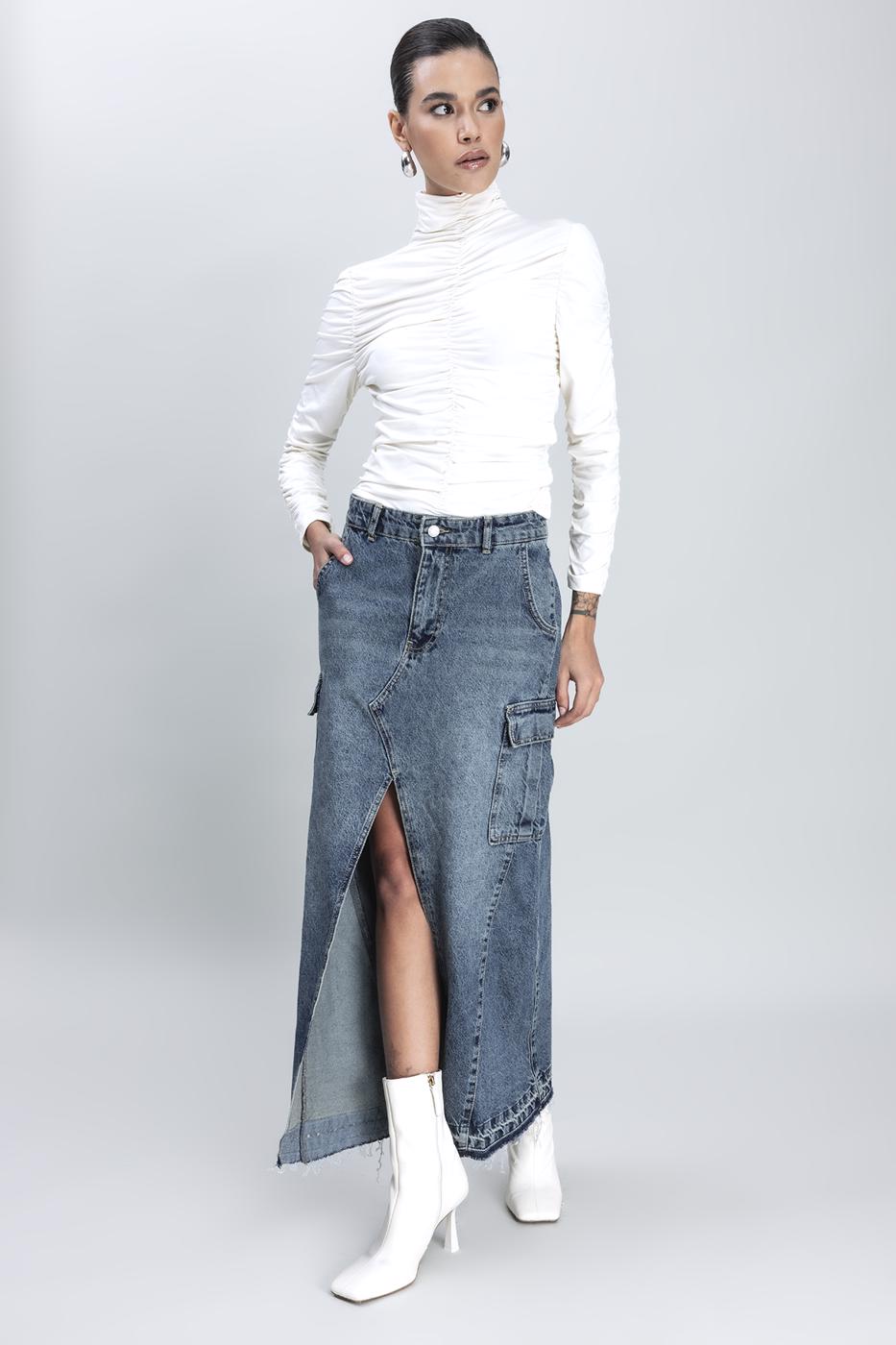 Cargo Pocket Long Denim Skirt Blue