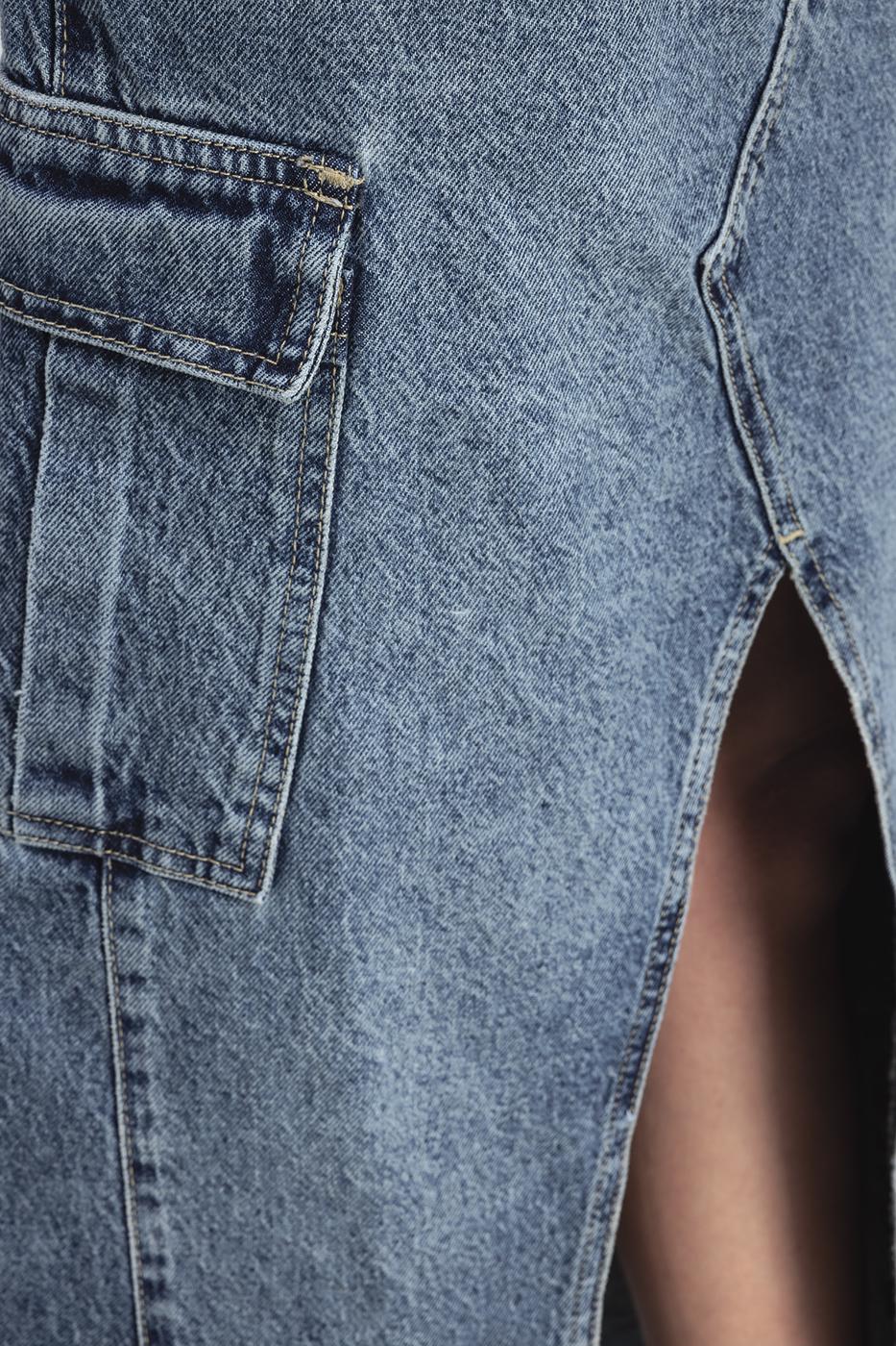Cargo Pocket Long Denim Skirt Blue