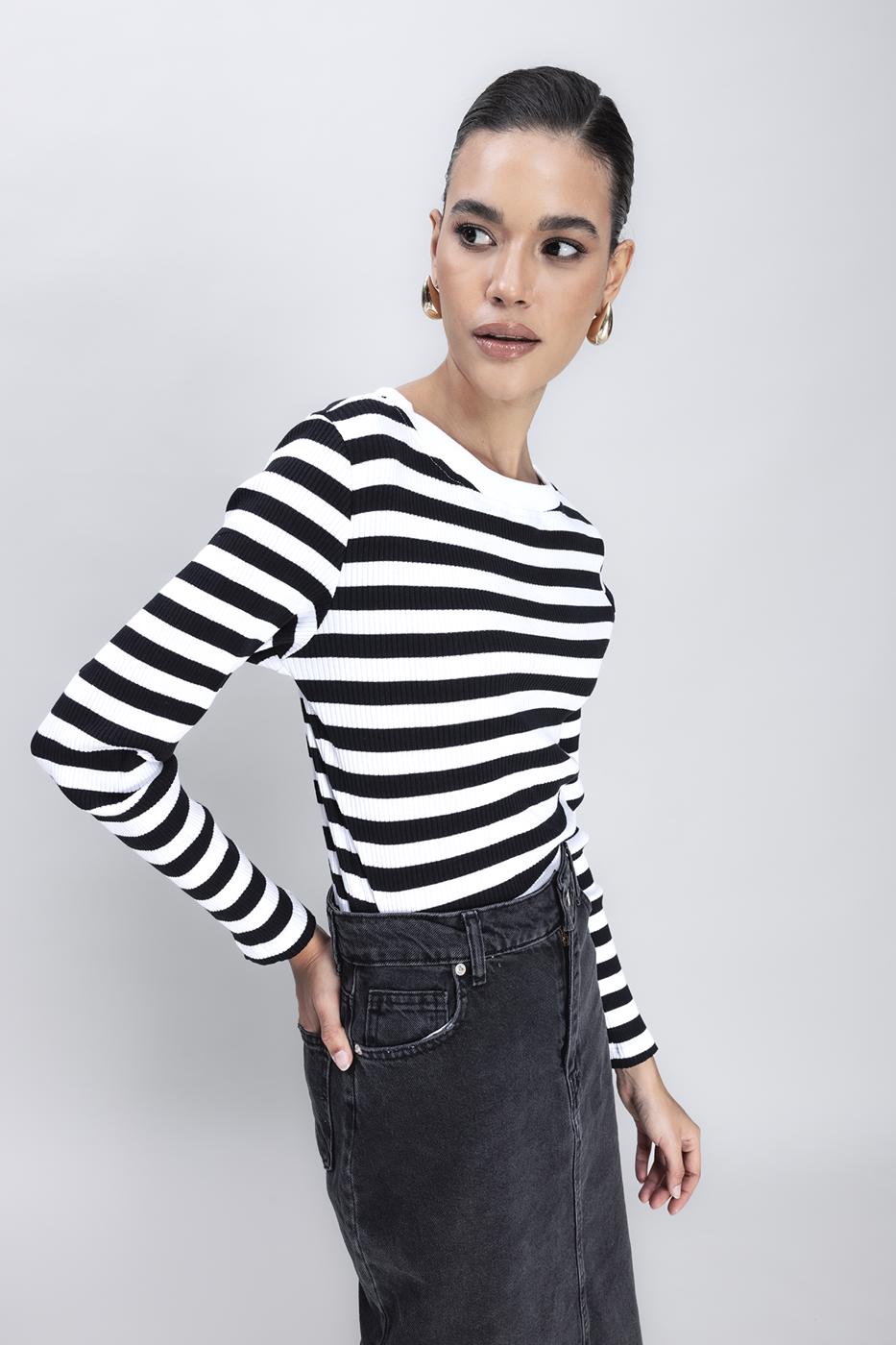 Boat Neck Striped T-shirt Black whıte