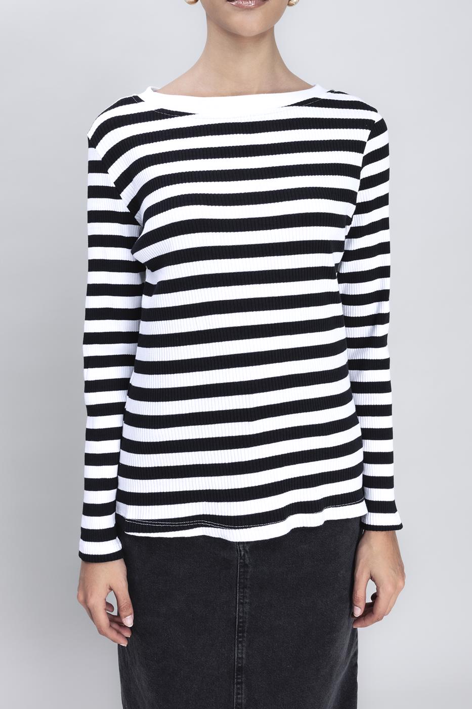 Boat Neck Striped T-shirt Black whıte