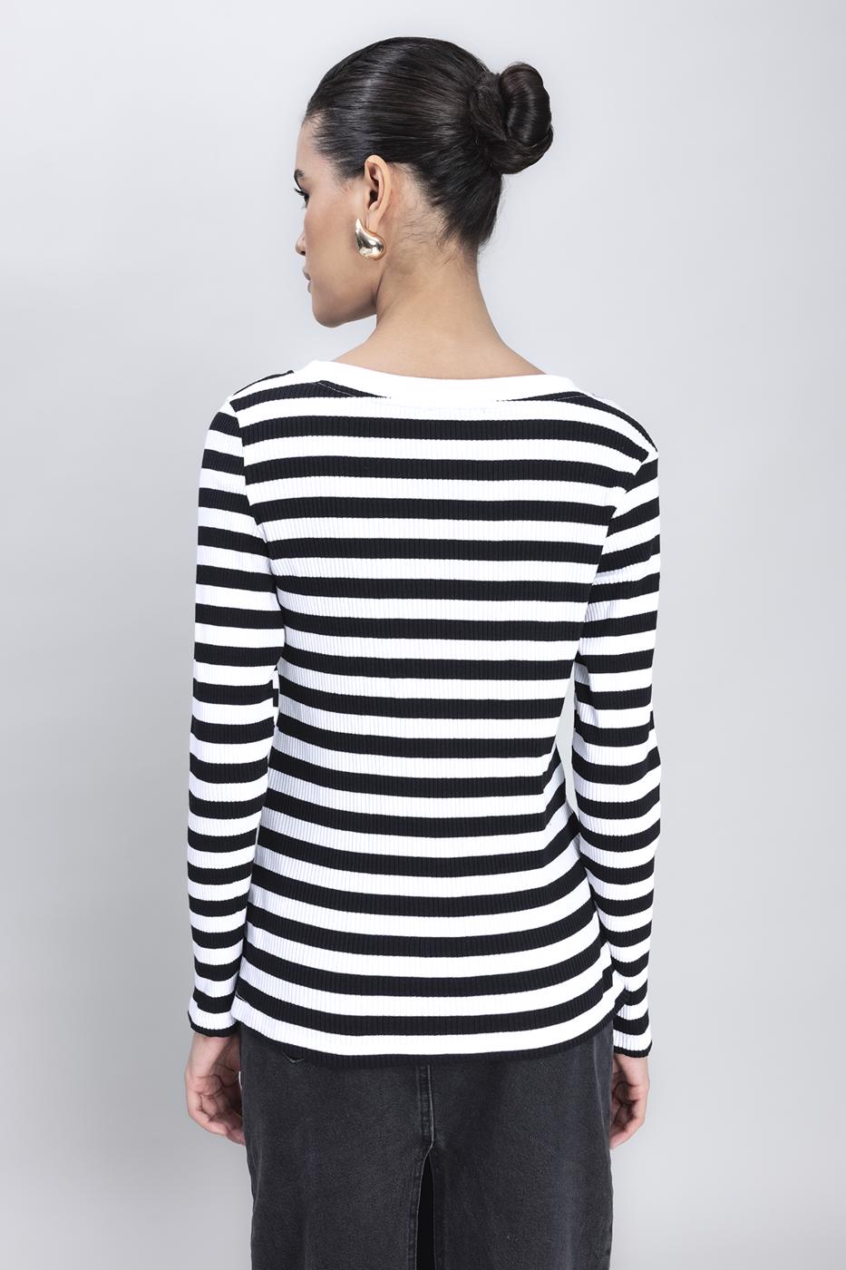 Boat Neck Striped T-shirt Black whıte