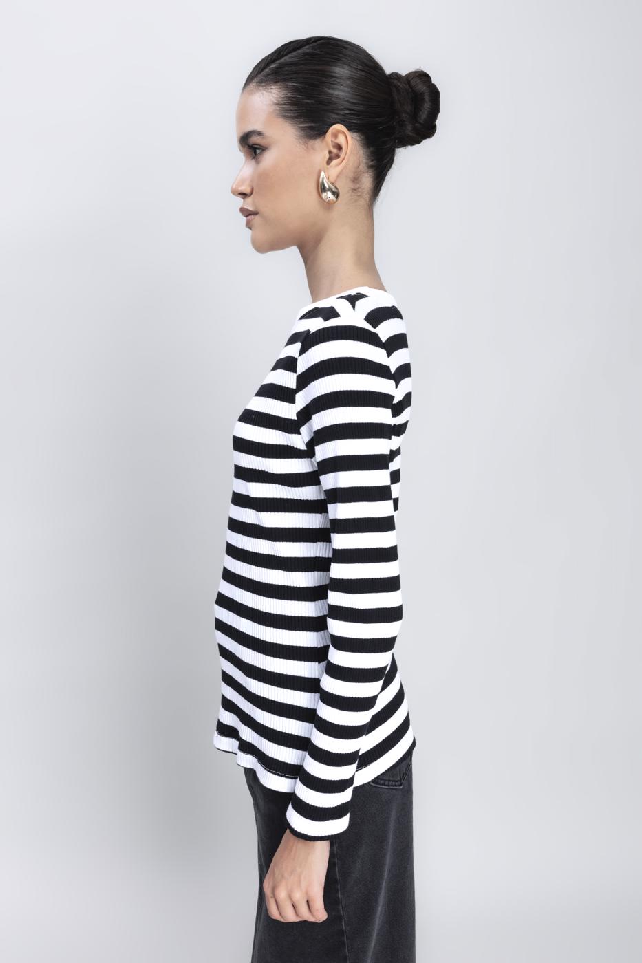 Boat Neck Striped T-shirt Black whıte
