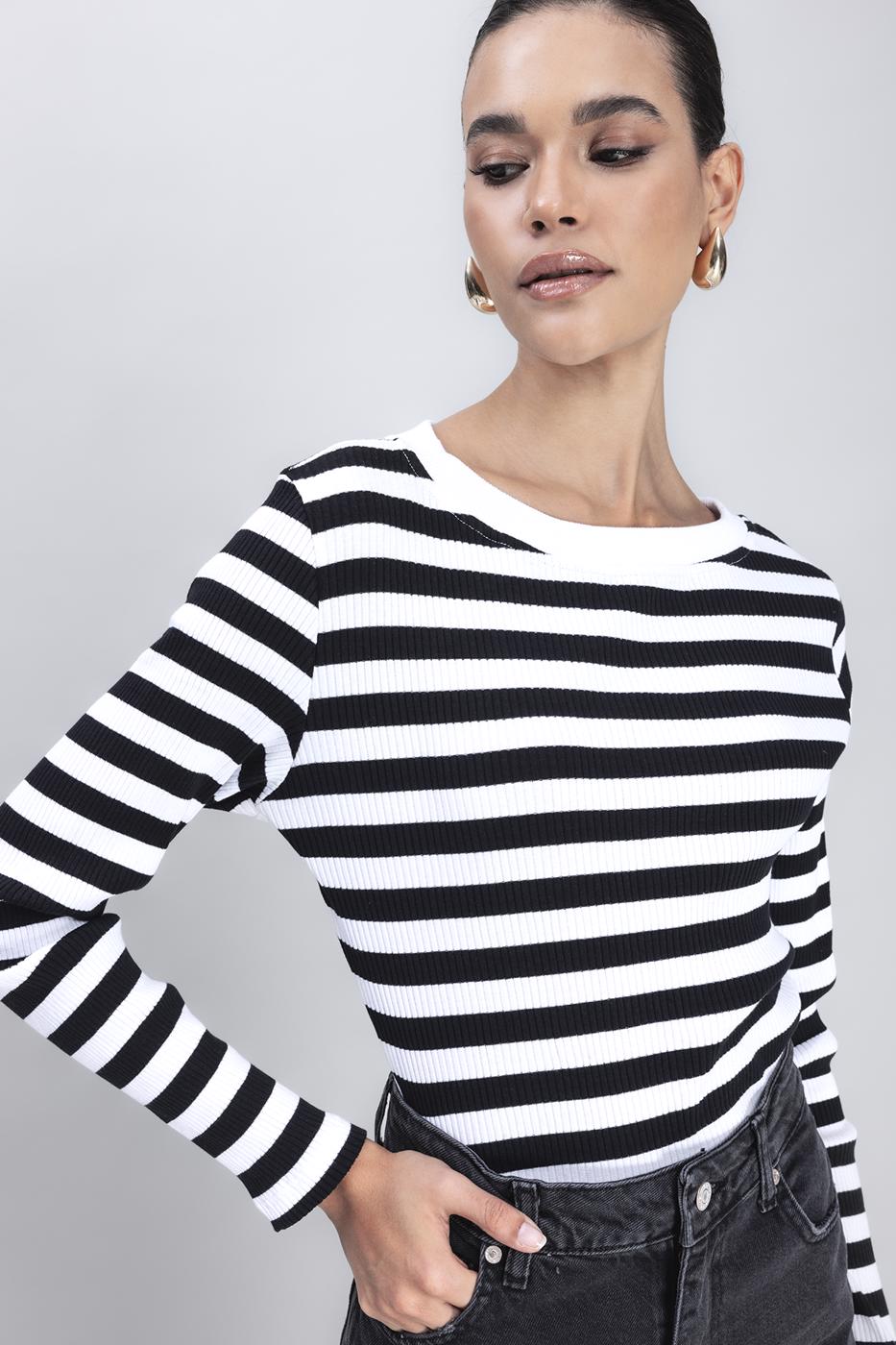 Boat Neck Striped T-shirt Black whıte