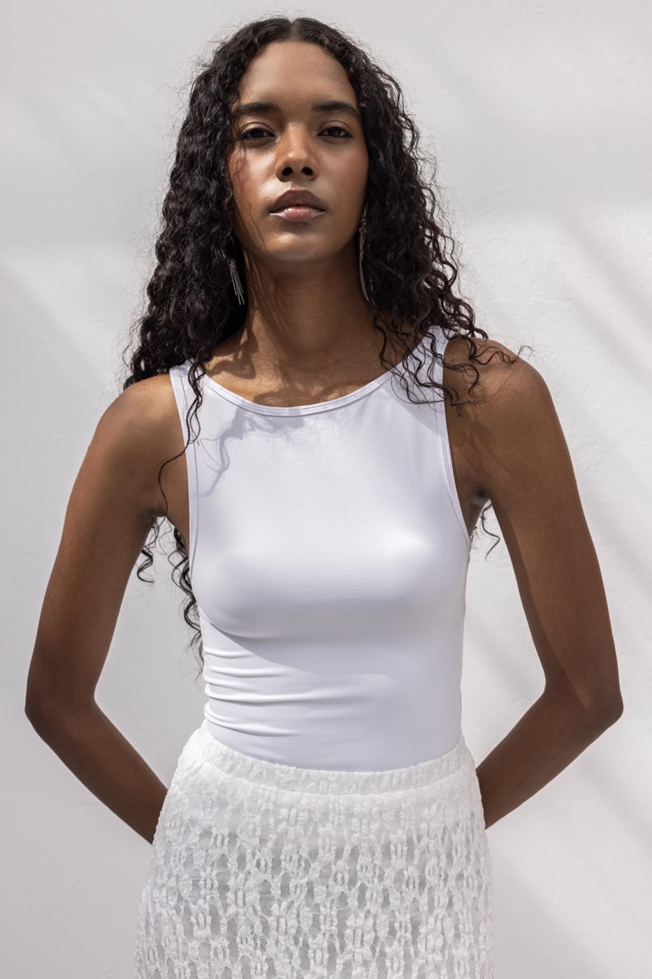Soft Texture Top with Boat Neck Detail White