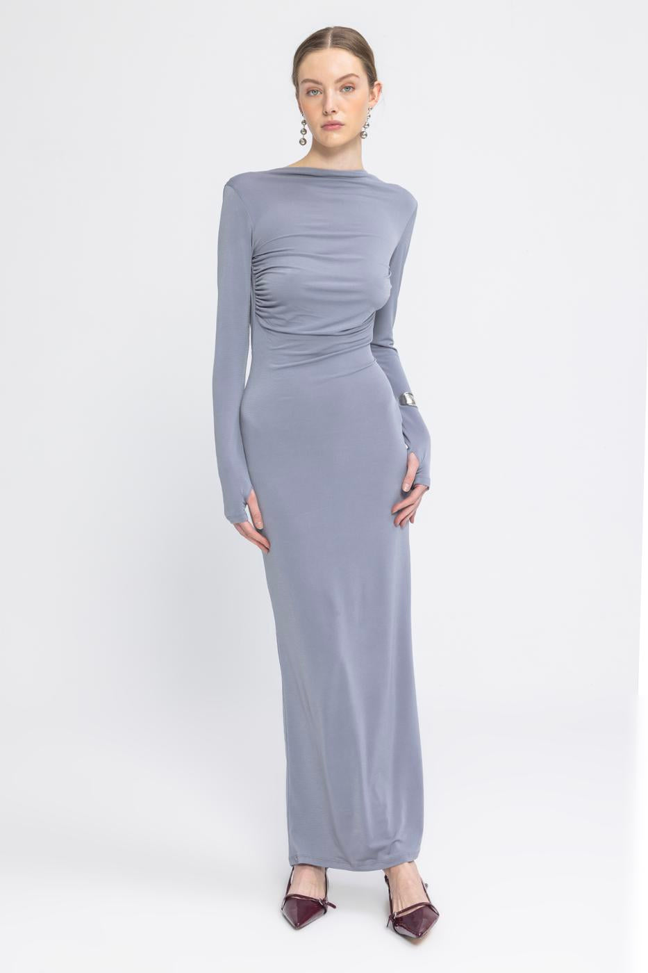 Boat Neck Low Back Maxi Dress Grey