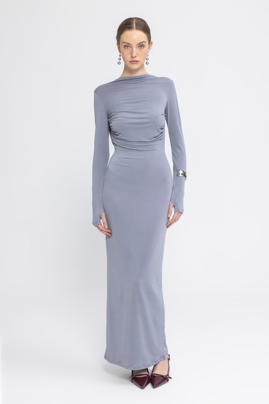 Boat Neck Low Back Maxi Dress Grey