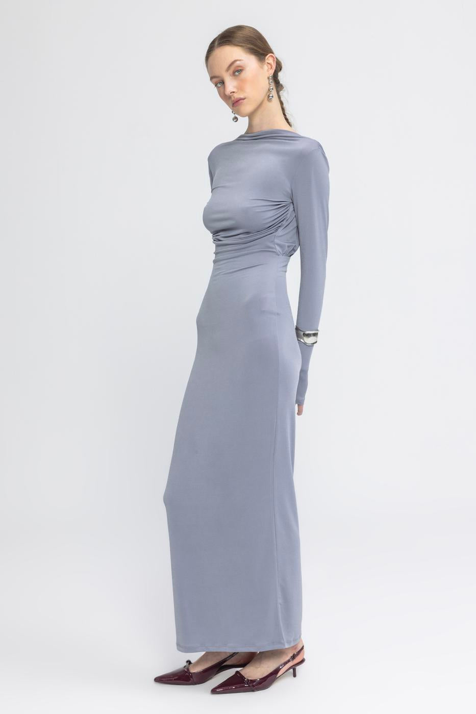 Boat Neck Low Back Maxi Dress Grey