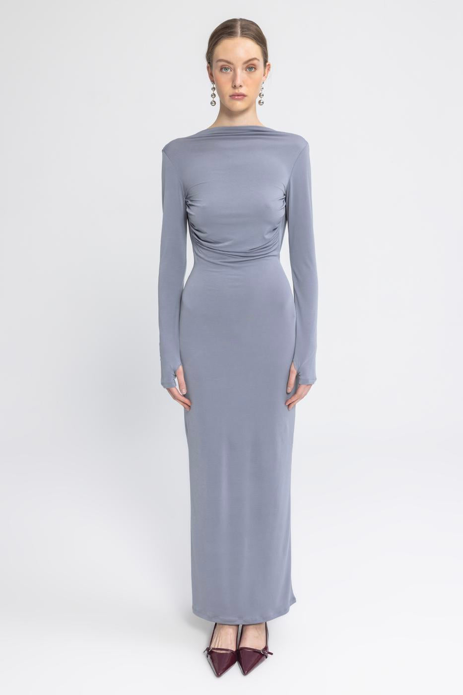 Boat Neck Low Back Maxi Dress Grey