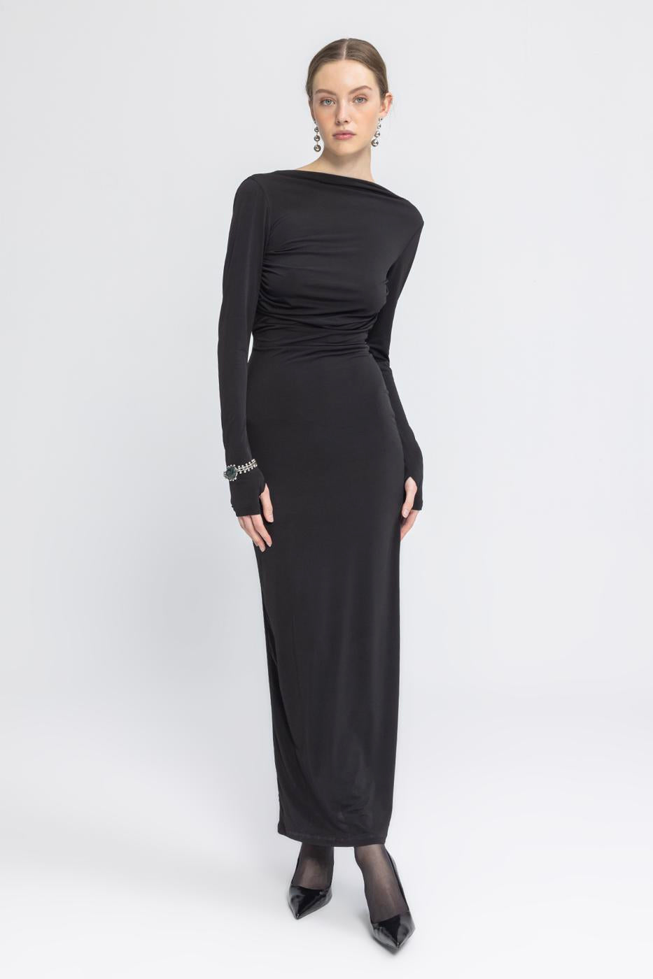 Boat Neck Low Back Maxi Dress Black