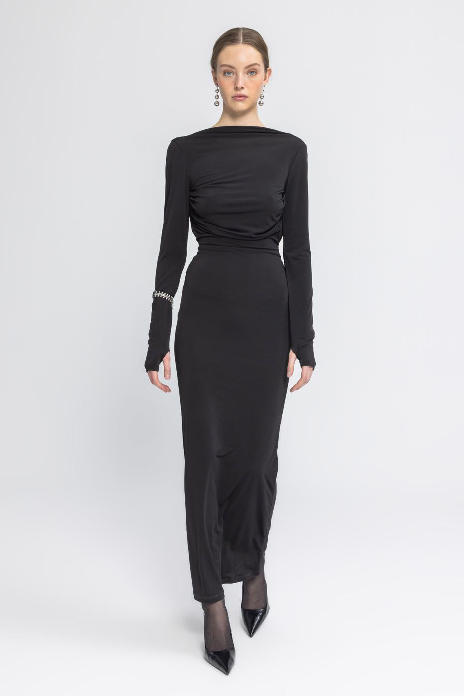 Boat Neck Low Back Maxi Dress Black