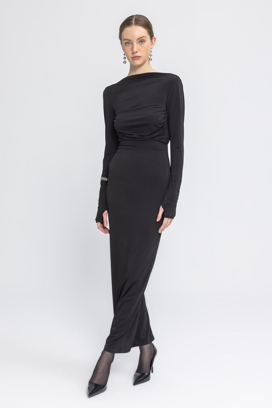 Boat Neck Low Back Maxi Dress Black